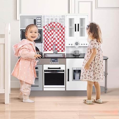 Miniatura 2 de Juego de cocina para niños, cocina de madera con grifo, fregadero, microondas, horno, pizarra, cafetera, juguetes de cocina para niños pequeños con