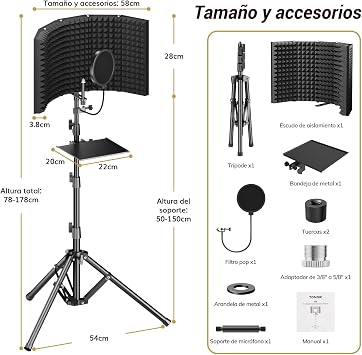 TONOR Microphone Isolation Screen, High Density Absorbing Foam with Pop Filter and Tripod, Foldable Design for Podcast, Streaming and Singing, 70