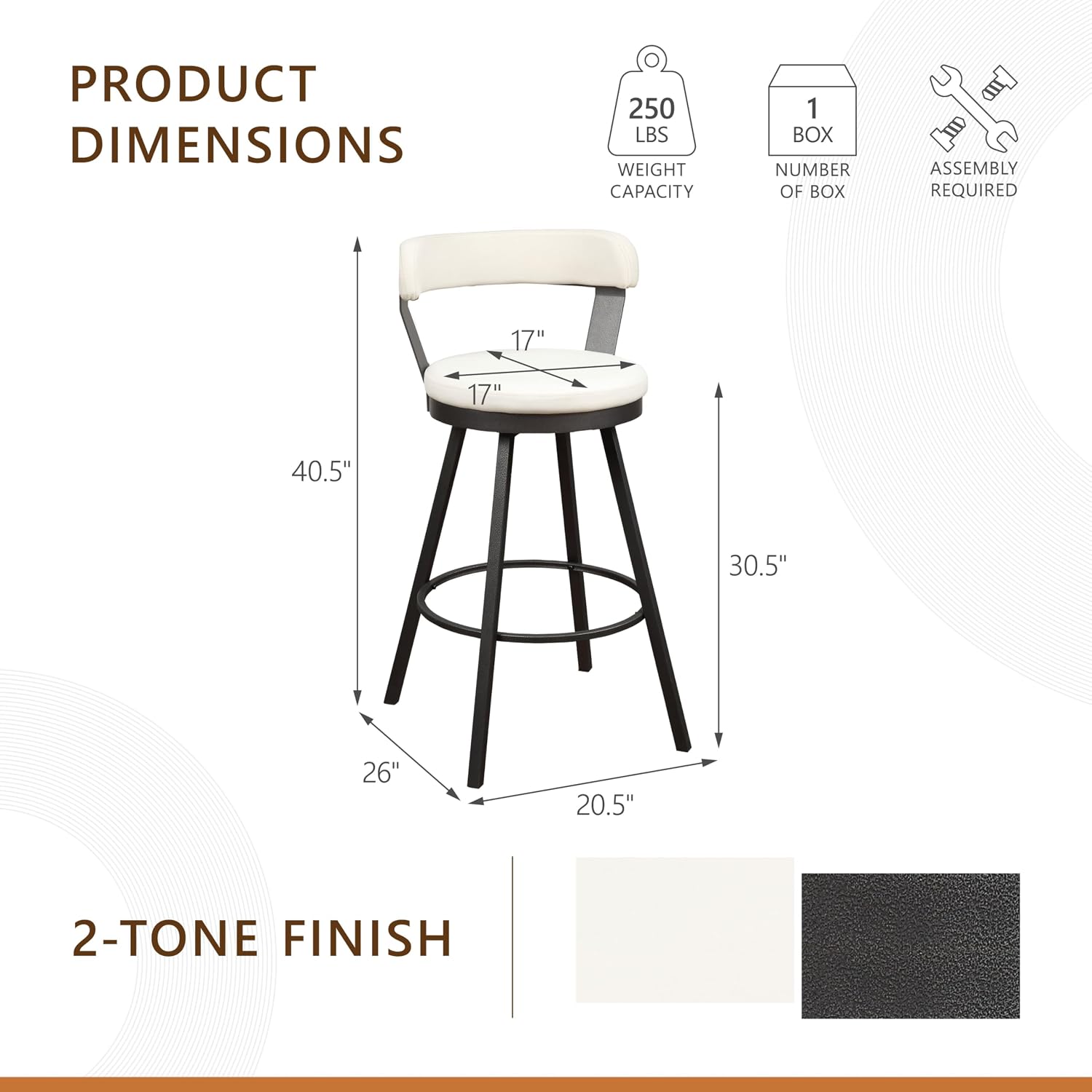 Lexicon Bar Stools Set of 2 - Appert Upholstered Swivel Barstools with Backs, Sturdy Metal Frame, Legs, 30 Inch Seat Height, Leather, Padded Seat, Back Rest, Foot Rest Bar, Kitchen Counter White
