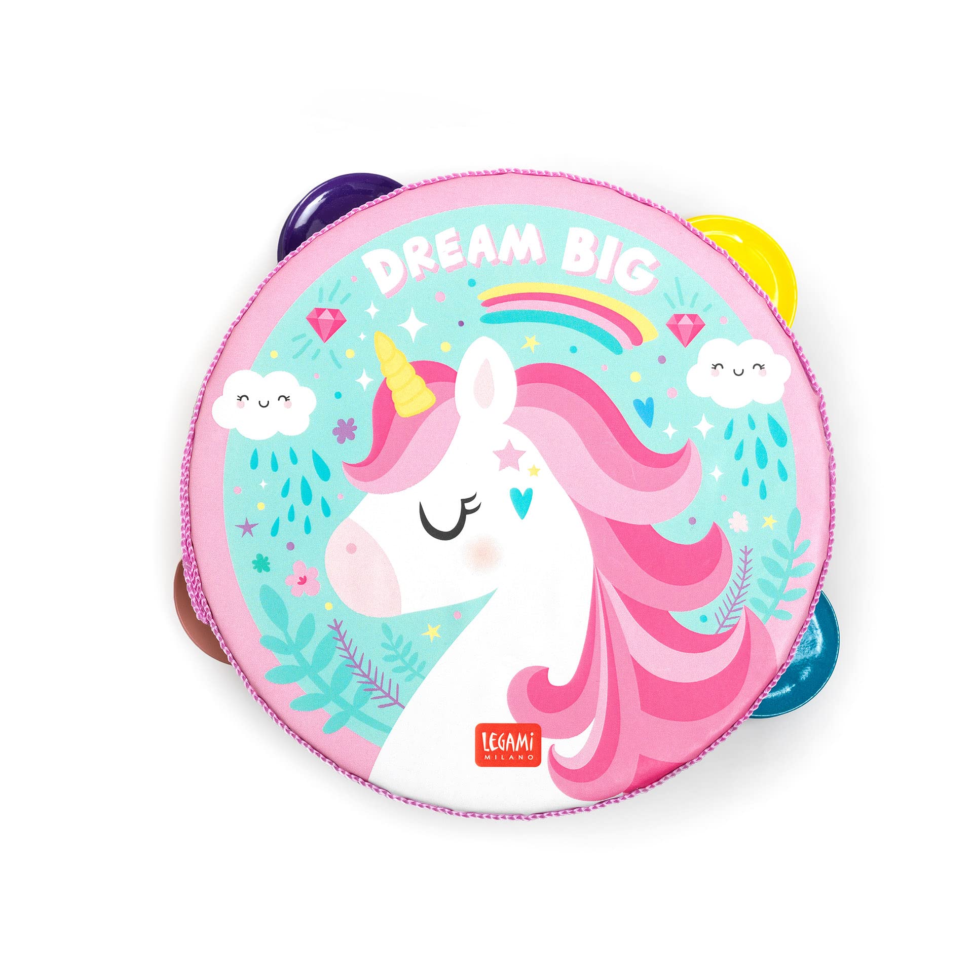 Legami - Pandereta Infantil 4 Sonajeros Mejora la Coordinación, Capacidad Motora, Sentido del Ritmo, Ø 14,5 cm, Tema Unicorn