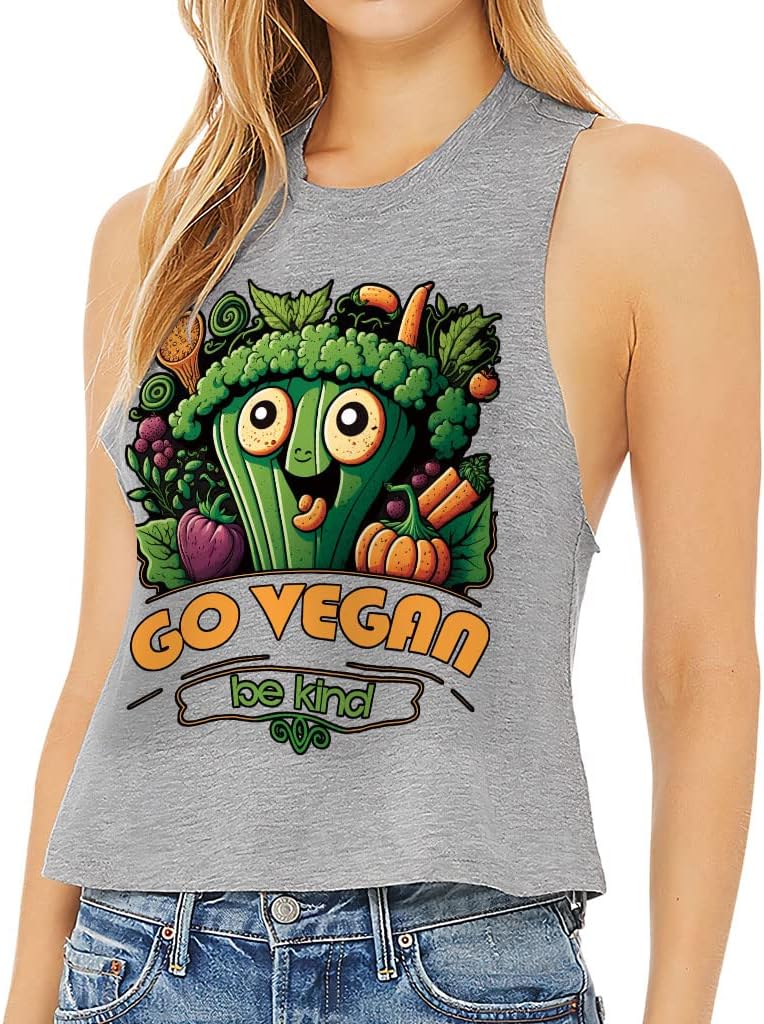 Go Vegan Be Kind Racerback Cropped Tank - Print Women's Tank - Cartoon Tank Top