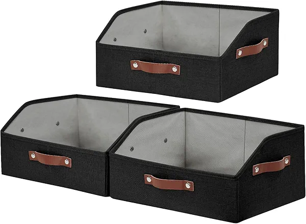 Bagnizer Closet Organizers and Storage, Linen Trapezoid Storage Bins with Handles, Collapsible Shelf Organizer for Blanket, Towel, Clothes, Hats, Purse (Black)