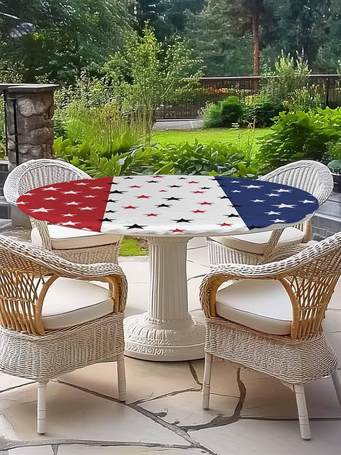 Star Stripes Flag Round Tablecloth with Elastic Independence Day American Flag Stars Waterproof Stain-proof Table Cover Wipeable Fitted Table Cloths for 45"-54" Round Tables Dining Indoor Outdoor Use