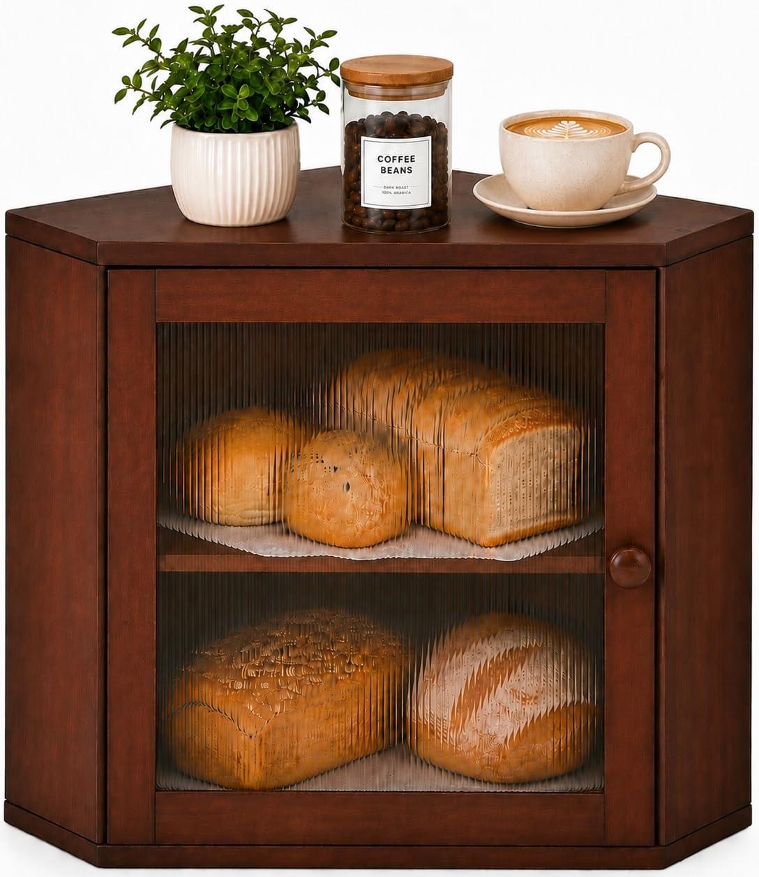 BAMBANG Corner Bread Bin for Kitchen Countertop 2 Tier Wooden Bread Storage Container with Fluted Acrylic Door, Large Capacity Farmhouse Bread Storage Box for Loaves and Snacks, Brown