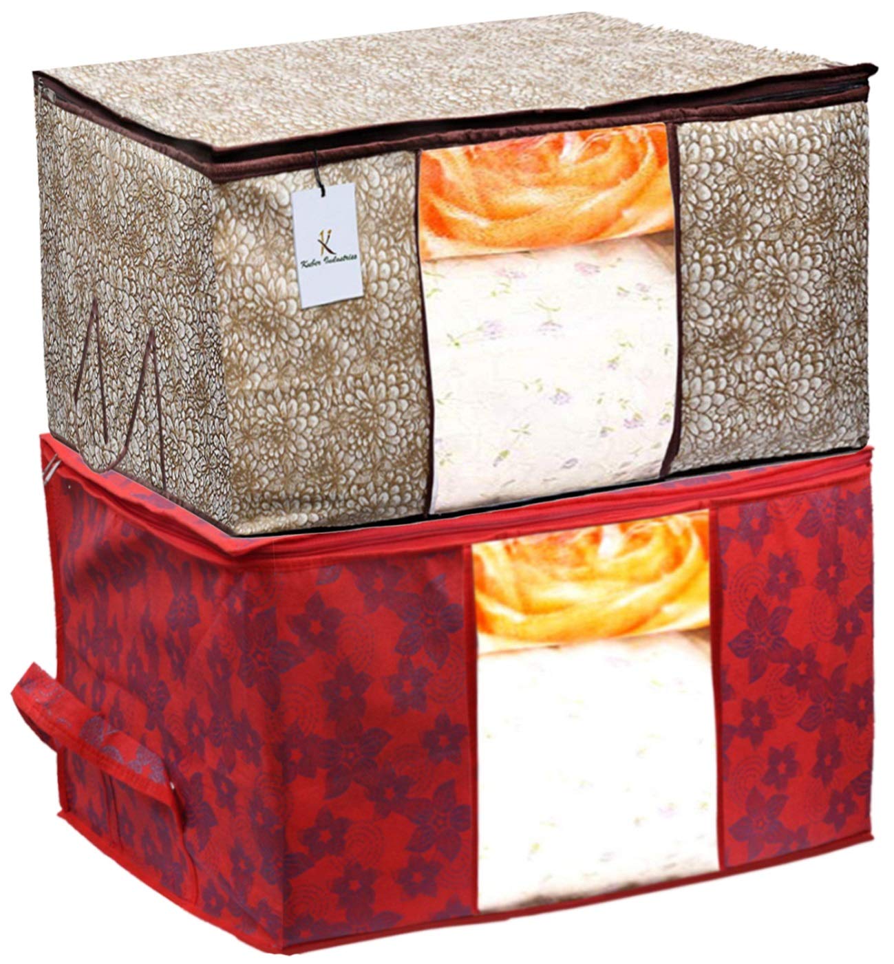 Kuber Industries Metalic Printed 2 Piece Non Woven Fabric Underbed Storage Bag,Cloth Organiser,Blanket Cover with Transparent Window, Golden Brown & Red -CTKTC41052,standard-image-37