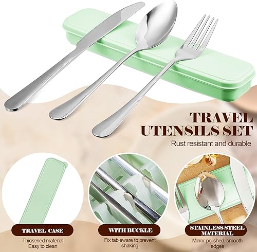 Miniatura 3 de Suclain Juego de 4 utensilios portátiles con estuche, juego de cubiertos reutilizables de acero inoxidable, incluye cuchillo, tenedor, cuchara,