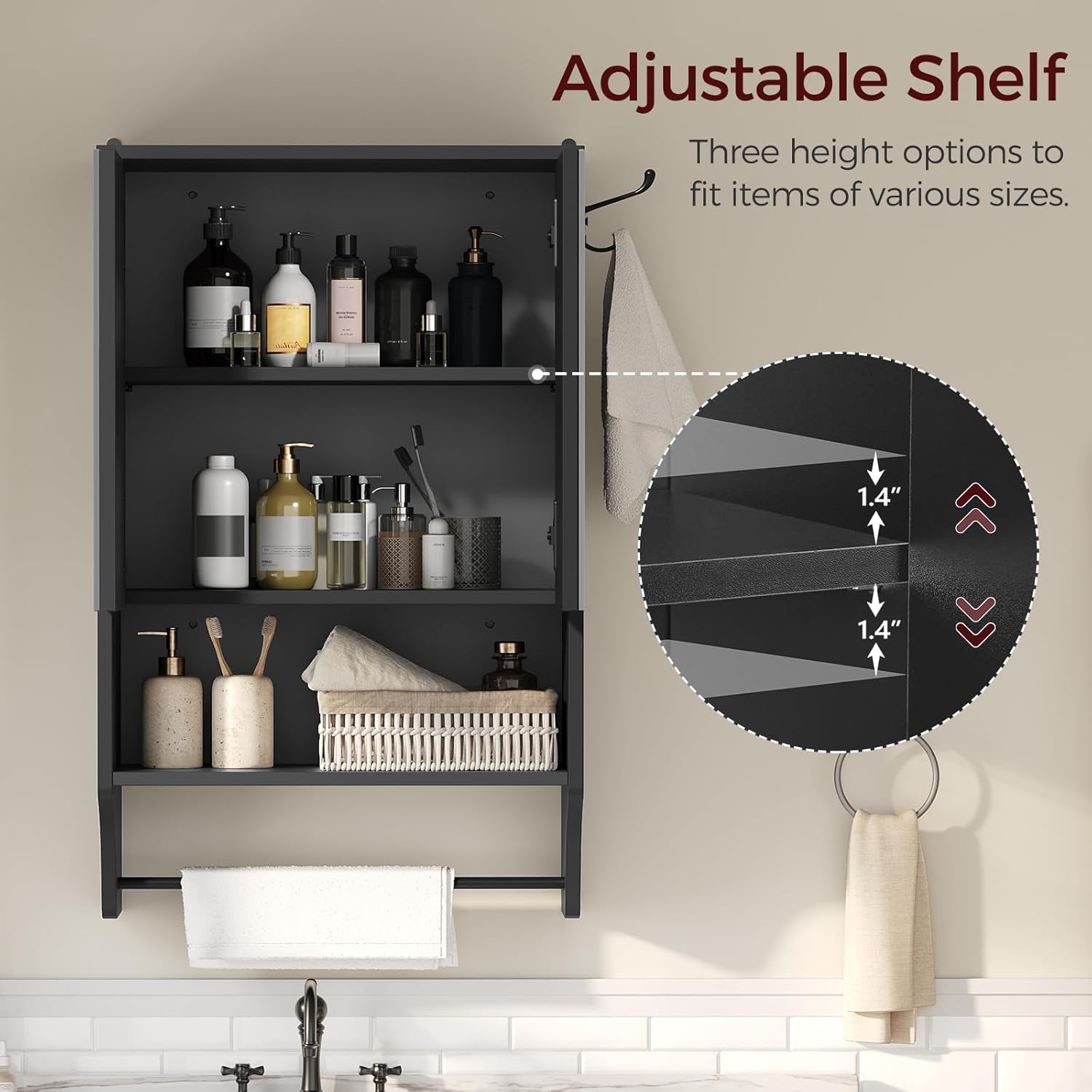 Bathroom Wall Cabinet with Mirror, Medicine Cabinet with 2 Door and Adjustable Shelf, Wall Mounted Over The Toilet Storage Cabinet with Towel Bar for Bathroom Laundry Room Kitchen, Black