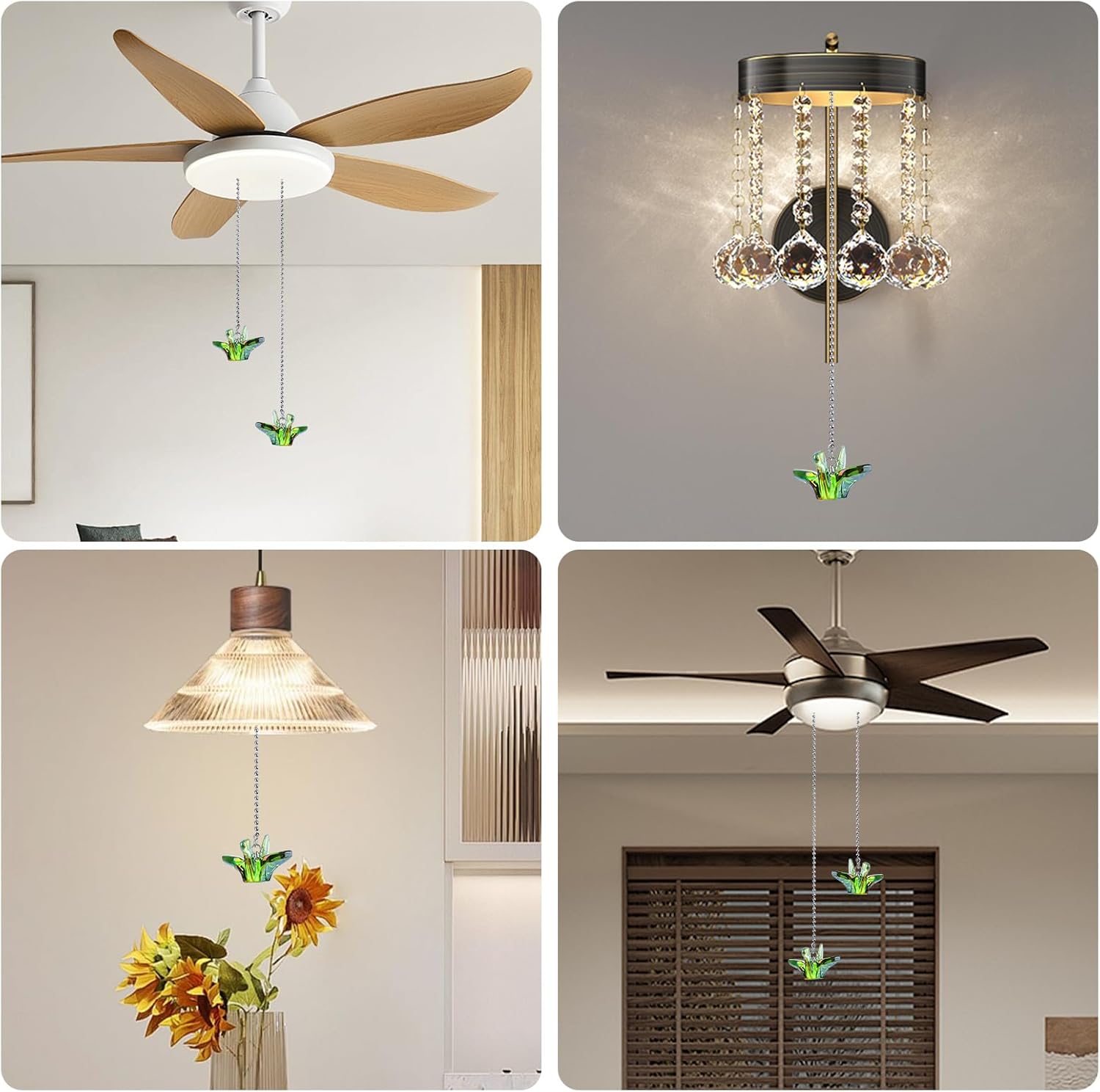 2 Pack Silver Ceiling Fan Pull Chain Extension, Green Glass Paper Cranes Pendant Pull Chains for Ceiling Fans and Lights, Decorative Fan Pulls Extenders with Connector