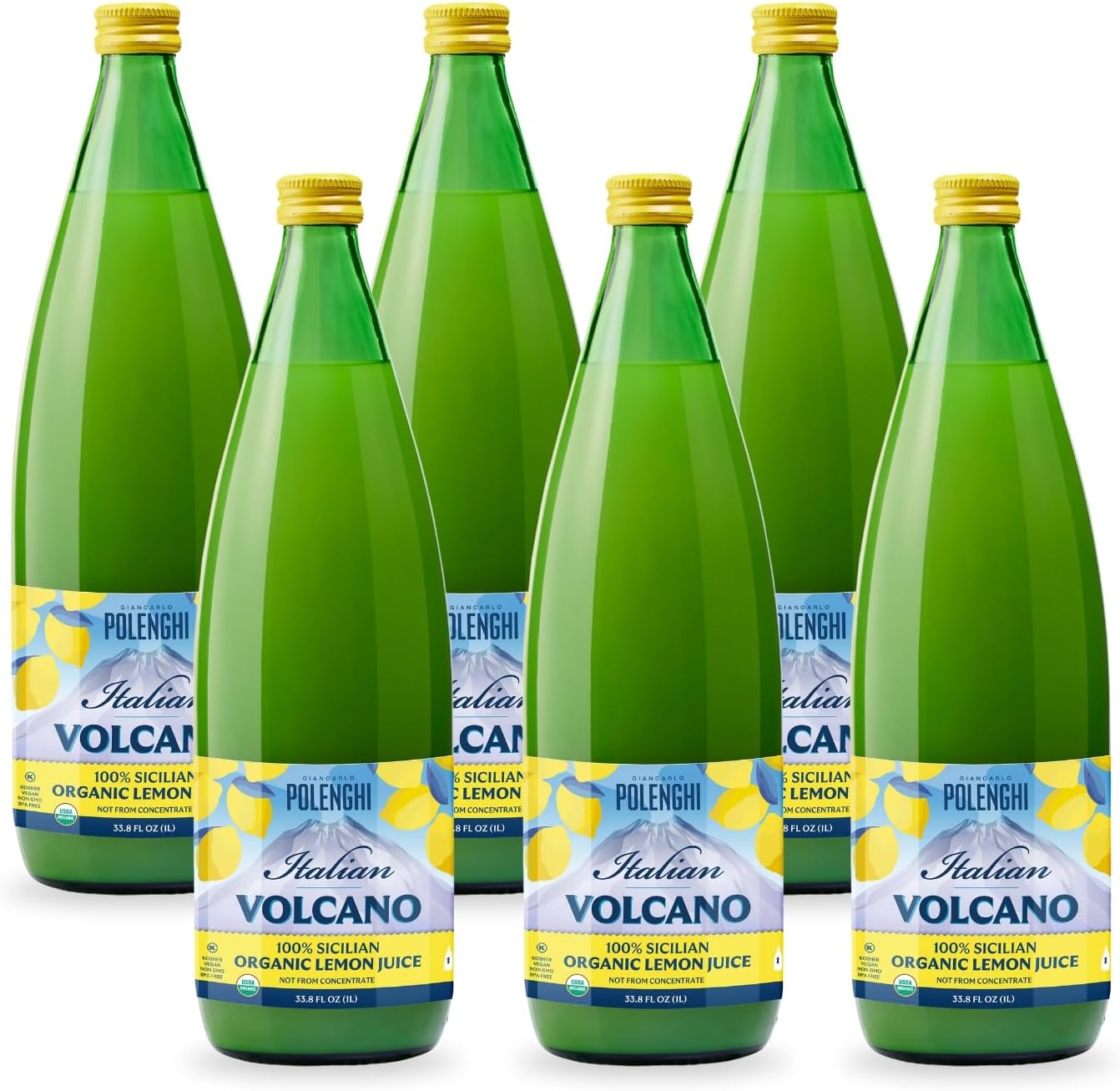 Organic Italian Volcano Lemon Juice, 33.8 Fl Oz – Pure Sicilian Lemons for Cooking, Baking, and Beverages (33.8 Fl Oz (Pack of 6))