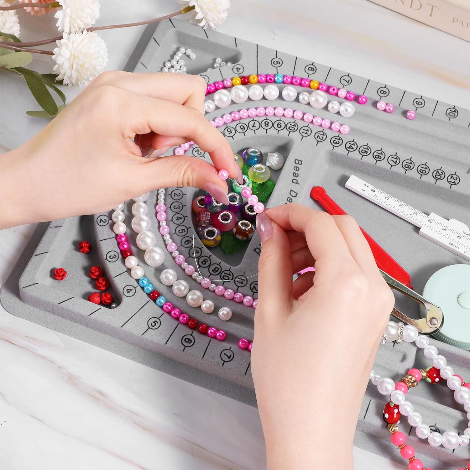 Bead Boards for Jewelry Making with 6 Pcs Beading Tools，9.4✕12.8 Inch Bead Design Board 6 Recessed Compartments, 3 U-Shaped Channels Jewelry Making Tray for Necklace Beading Designer Makings DIY