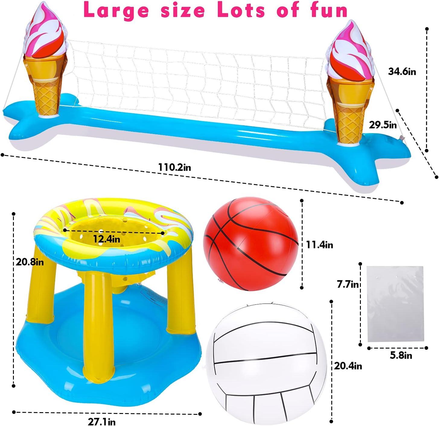 Inflatable Pool Volleyball Net Set Basketball Hoop with 2 Balls Large Size Pool Accessories Floaties Swimming Pool Games for Adults and Family Outdoor Games for Kids 8-12 Teens Summer Water Toys Court : Toys & Games