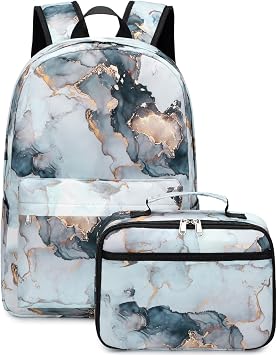 JIANYA Backpack for Girls, Marble Girls Backpack with Lunch Box Kids School Bag Travel Back Packs