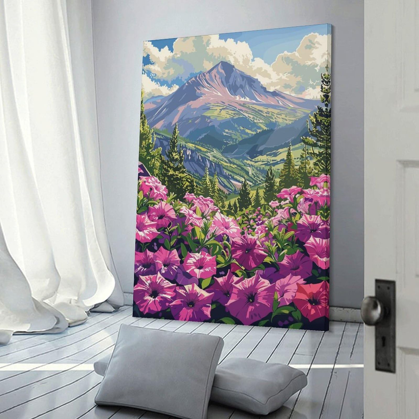 Junmoney Mountain View with Flowers Canvas Wall Art, 24x36inch(60x90cm), for Bedroom Decor, Cosy Corners Or Studios, Stylish Decor for A Restful Room Update