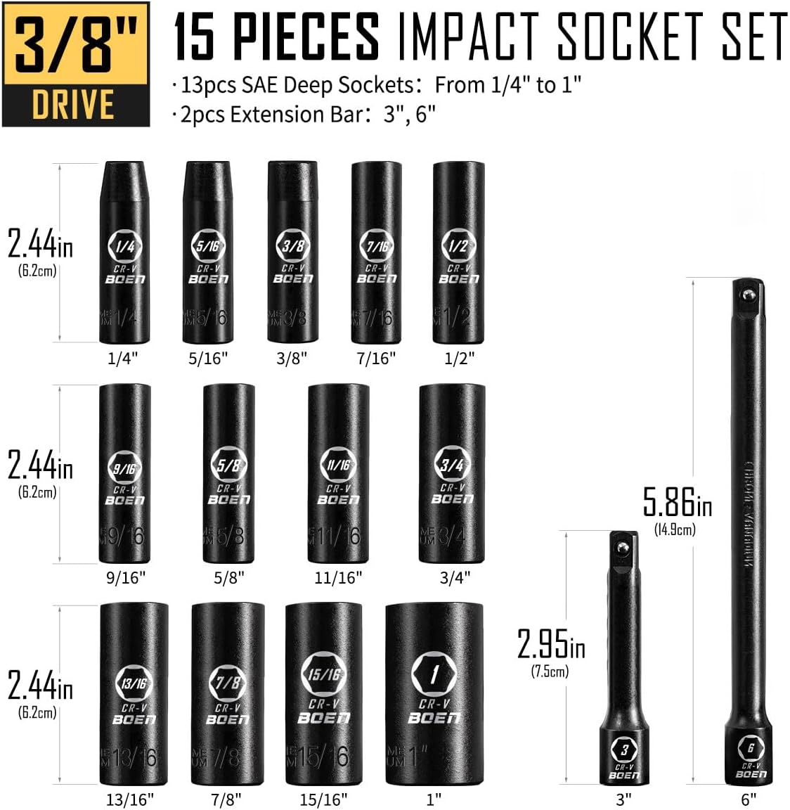 BOEN 3/8" Drive Deep Impact Socket Set, 15 Piece SAE Socket Set 1/4" to 1", Includes 3", 6" Extension Bars, 6 Point Design, Cr-V Steel, Heavy Duty Storage Case