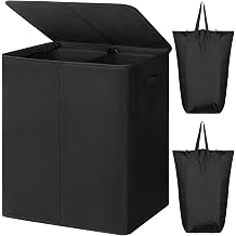 WOWLIVE 154L Double Laundry Basket with Lid and Removable Laundry Bags, Large Dirty Clothes Basket, 2 Sections, Foldable Laundry Basket, Dormitory, Room Storage for Bedroom, Bathroom, Plain, Black