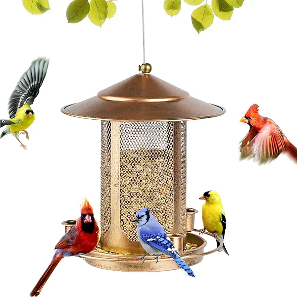 Bird Feeder,Heavy Duty Bird Feeders for Outdoors, Metal Squirrel Proof with 3 Extra Feeding Ports,4 LB Large Capacity Wild Birdfeeder for Outside Hanging Garden Yard Backyard