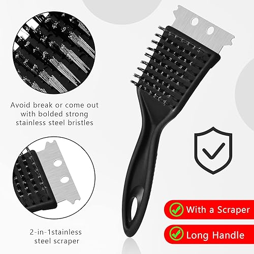 Miniatura 3 de Chengu 2 cepillos de parrilla de barbacoa de 8 pulgadas para parrilla al aire libre y raspador de alambre de acero inoxidable, limpiador extra