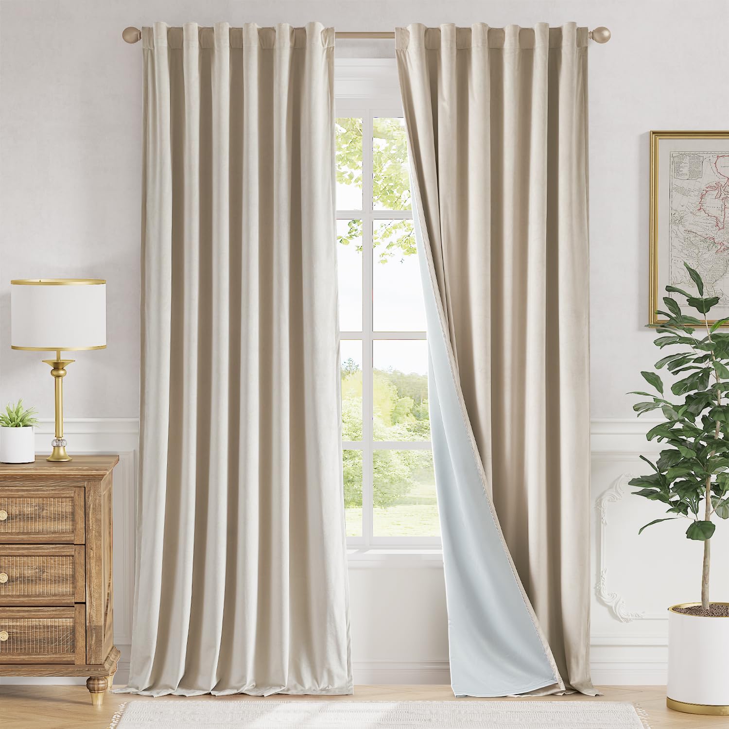 Lazzzy Beige Blackout Velvet Curtains 96 Inch Long Thermal Insulated Room Darkening Lined Curtain Drapes Luxury Back Tab Window Treatments for Bedroom Living Room 2 Panels, 52 x 96 Inch, Cream