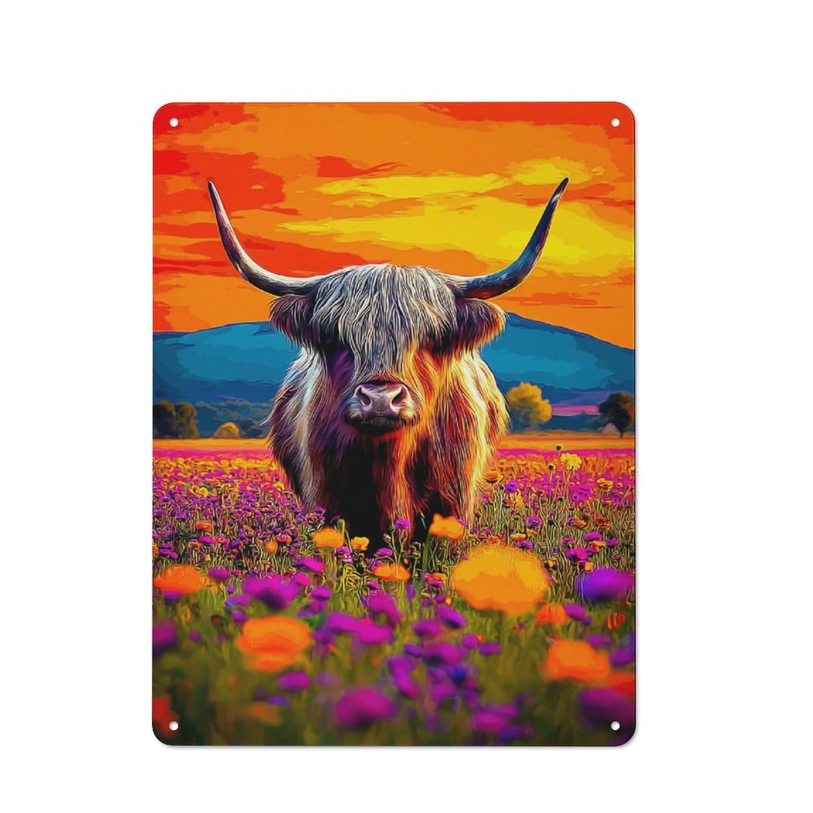Junmoney Highland Cow In Vibrant Field -1 Smart Metal Wall Decor 40X30cm, Office Metal Sign For Office, Study, Studio Or Hallway