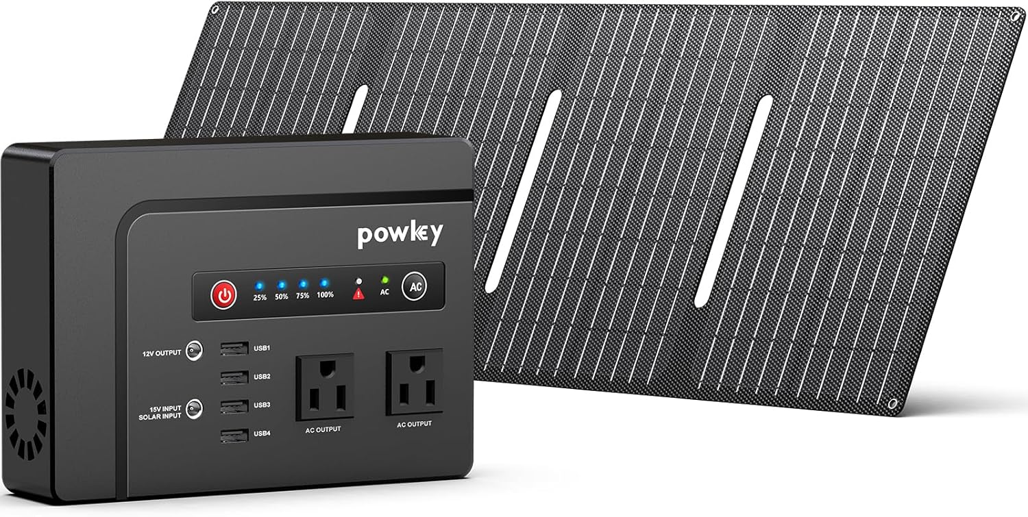 Powkey Solar Powered Generator,200W Portable Solar Generator Power Station with Solar Panels 40W,146Wh Generator Power Bank with 2 AC Outlet 110V Pure Sine Wave for Outdoor Camping Emergency Home
