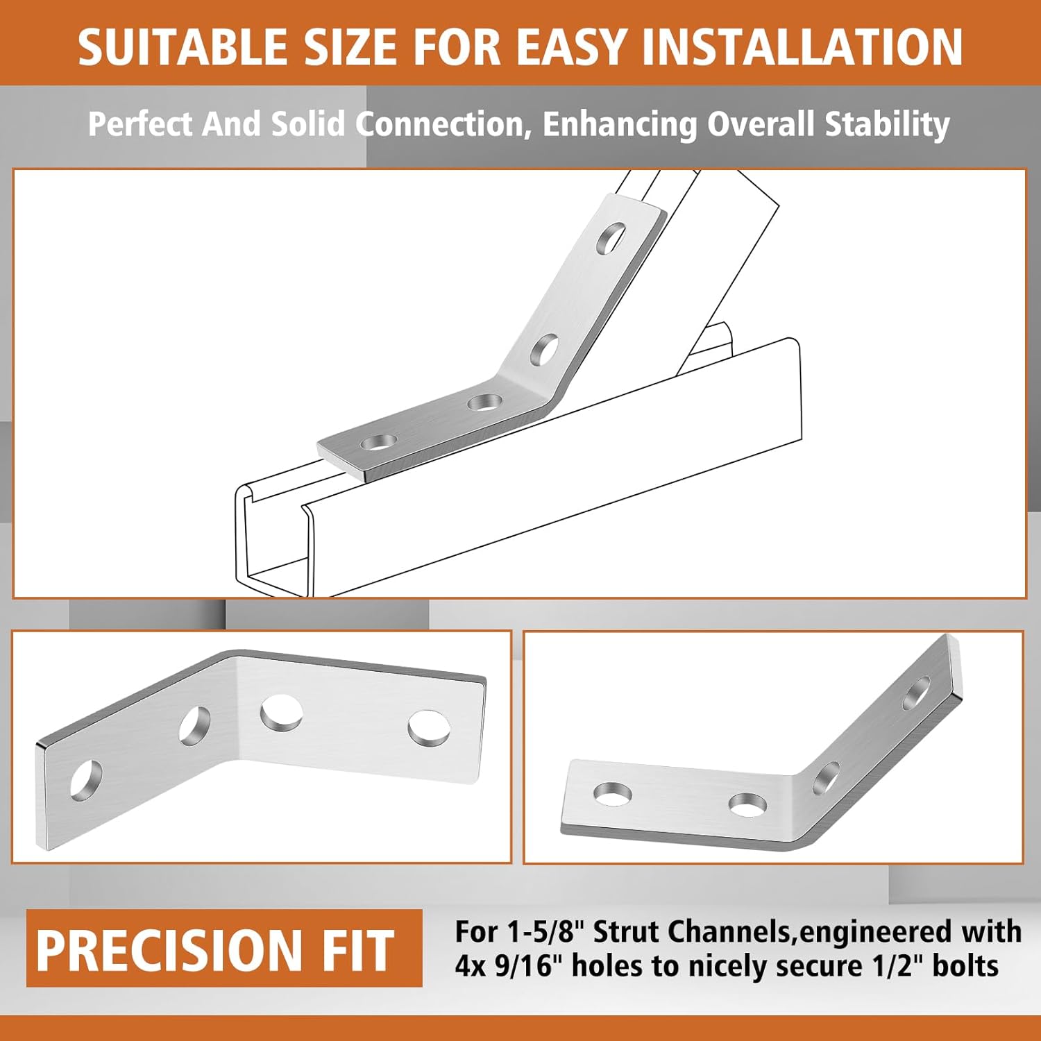 8 Pcs 45 Degree Angle Bracket Fitting for 1-5/8 Strut Channel Brackets 4 Hole Corner Brace Framing Connector Galvanized Steel 7/32" Thick (Silver)