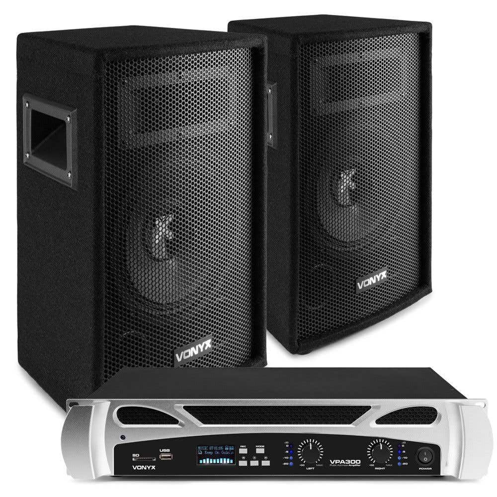 Vonyx - DJ Soundsystem für den Einsteiger, Lautsprecher, 300 Watt Endstufe - 2X 8 Zoll Lautsprecher + 1x Verstärker mit Bluetooth, inkl. Kabel - Plug-and-Play DJ Boxen, kleine PA Anlage Komplettset
