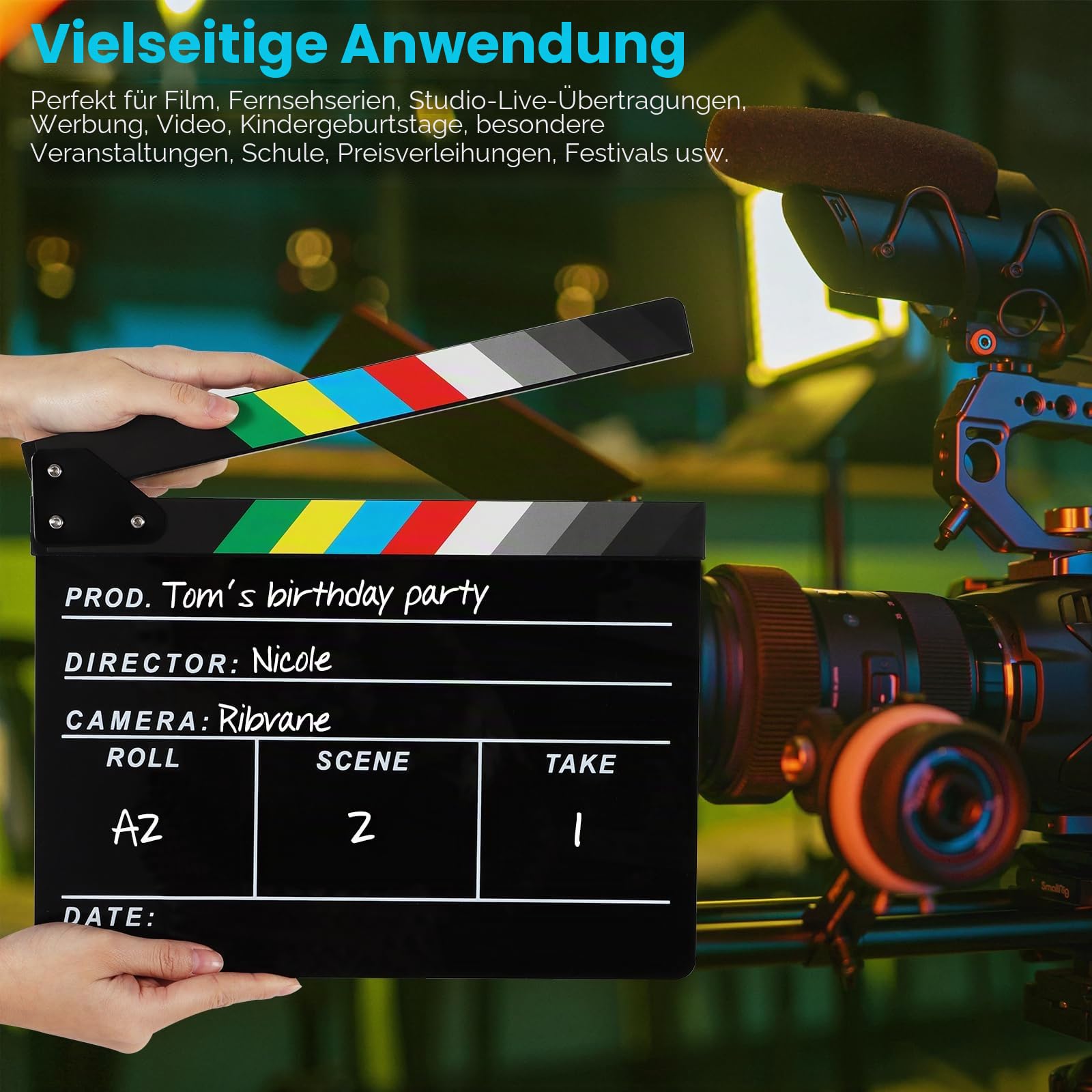 Acryl-Film-Regisseur, Schindel, Fotografie, Video, TV, Geschnittene Action-Szene, Schiefer, Klöppel, Requisiten, Schwarz