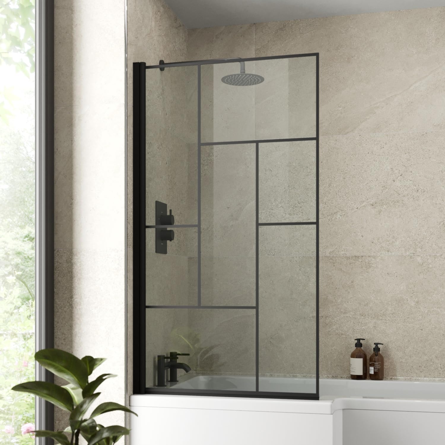 LUXURA® 1400 x 800mm Abstract Black Square Grid Over Bath Shower Screen Door 6mm Clear Toughened Safety Glass Panel 180° Pivot Bathroom Hinged Framed Bath Screens