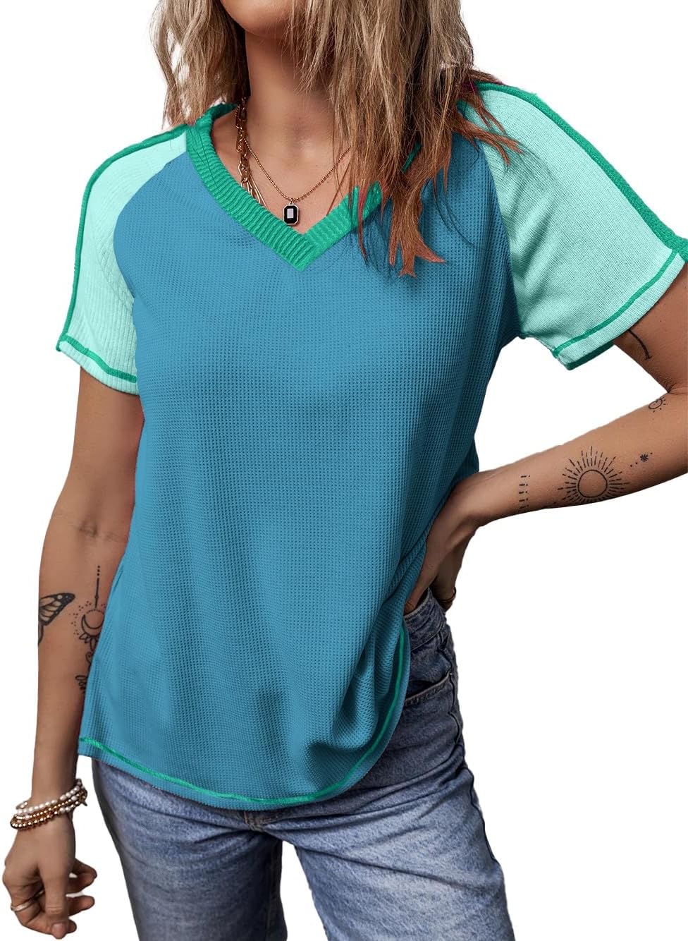 Women Summer Color Block Short Sleeve T Shirts Casual V Neck Ribbed Knit Tee Tops - Image 3