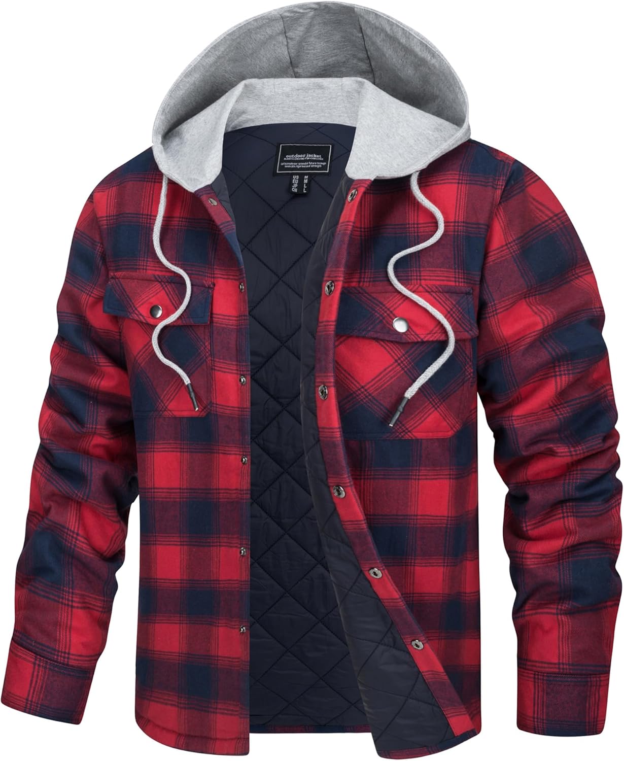 TACVASEN Men's Flannel Jacket with Hood Quilted Lined Plaid Shirts Jacket Cotton Long Sleeve Button Down Shirt Shacket