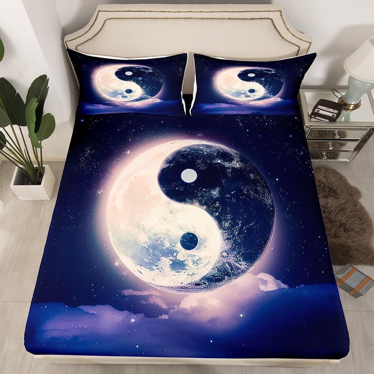 Feelyou Full Yin Yang Fitted Sheet for Kids Boys Girls Galaxy Starry Sky Bed Sheet Set for Teens Traditional Ying Yang Bedding Set Boho Bed Cover Adult (2 Pillow Cases and a Fitted Sheet)
