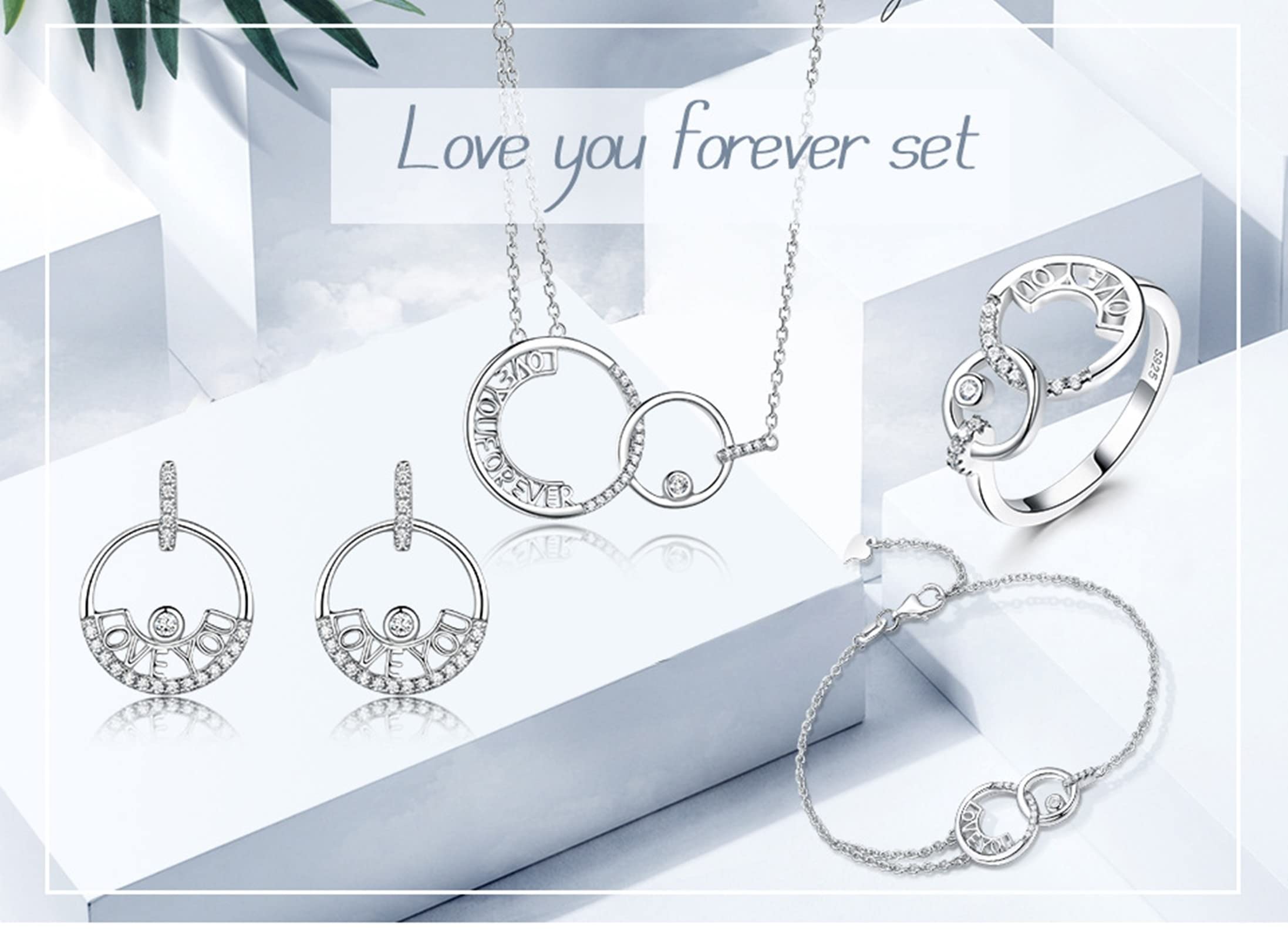 Conjuntos de joyas de boda para mujer, plata de ley, juego de joyas de plata, conjunto de joyería simple Love You pulsera, anillo, aretes y collar, conjuntos de joyería nupcial, 40+5 CM, Circonita