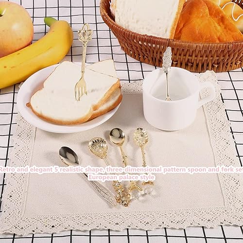 Miniatura 2 de Exquisito juego de tenedores y cucharas retro, cubiertos tallados nostálgicos estilo real para frutas, café, pasteles, postres, aperitivos dulces,