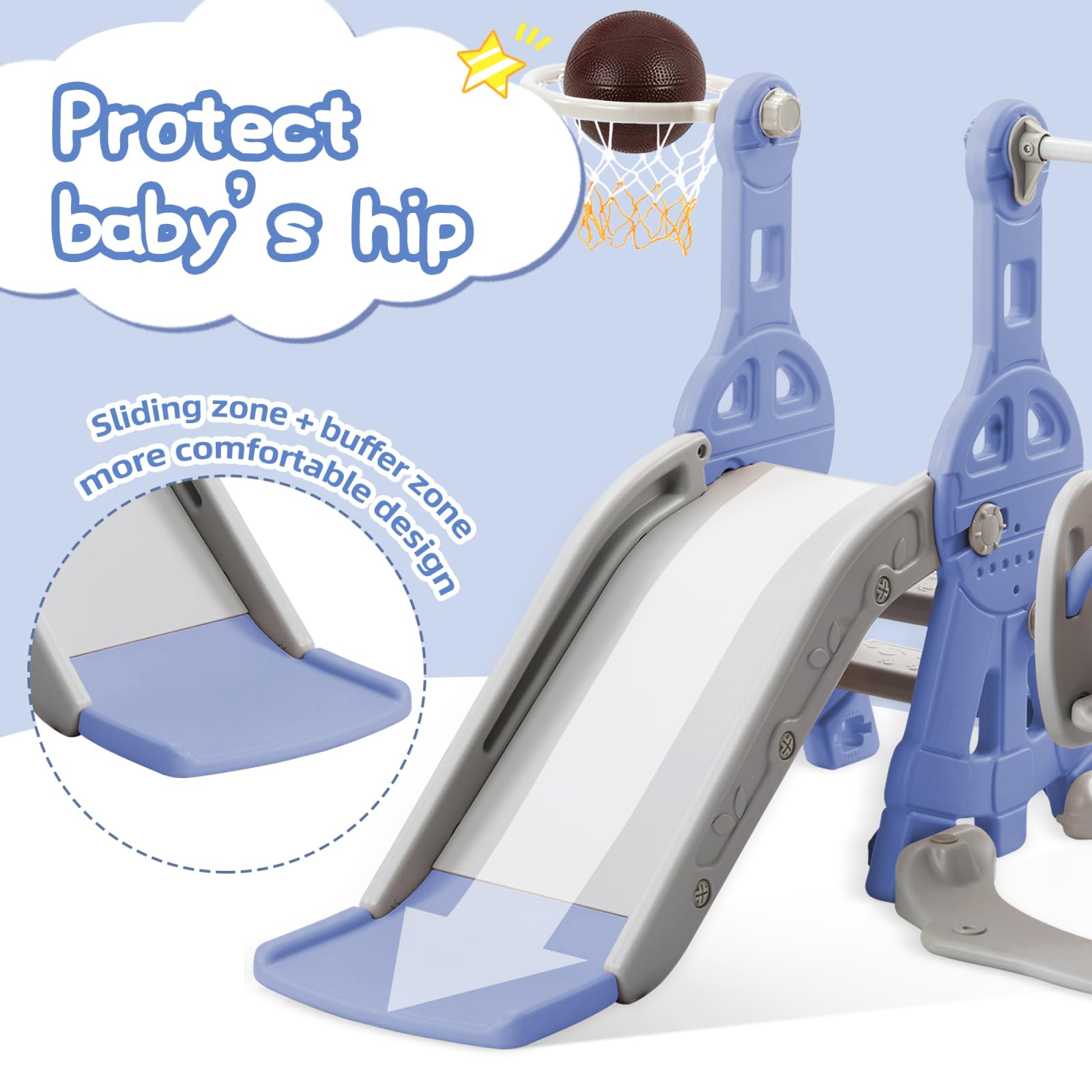 Toboga per Bambini 4 in 1, Altalena, Set di Toboga per Bambini con Scale, Altalena, Toboga e Supporto per Pallacanestro, Blu