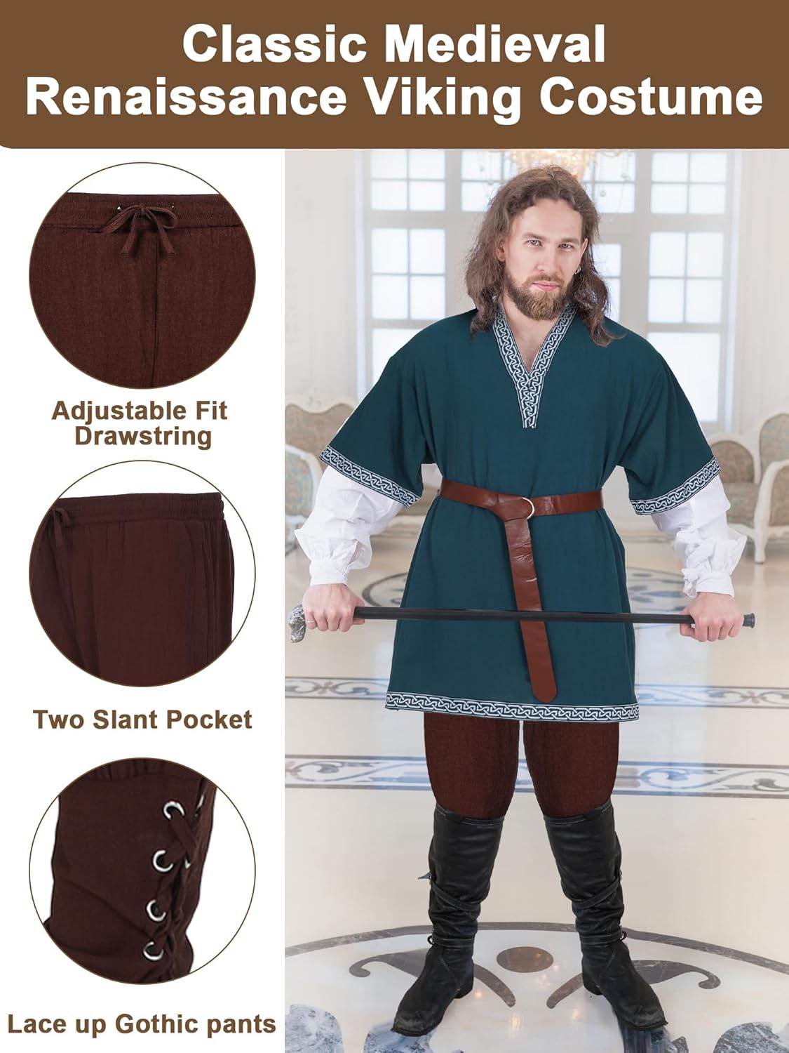 Toulite 3 Pcs Men's Halloween Medieval Costume Set Renaissance Tunic Viking Pirate Warrior Shirts Gothic Pants Knight Belt - Image 5