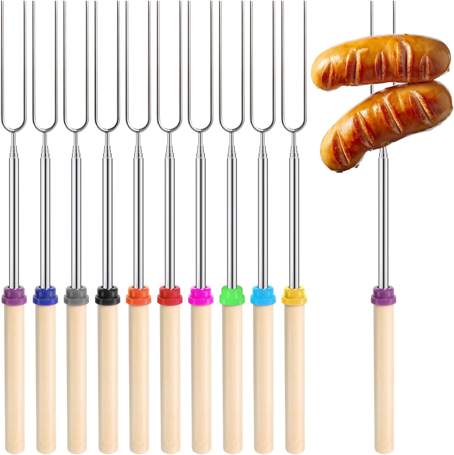 10 Pcs Marshmallow Toasting Forks - 32" Extendable Telescoping Smores Sticks for Fire Pit BBQ Camping Accessories