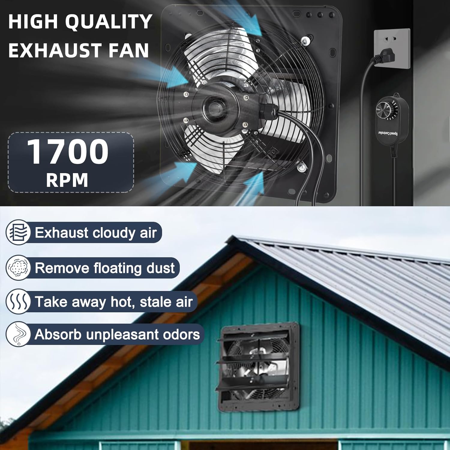 Criditpid 7 Inch Shutter Exhaust Fan with Speed Controller, 576 CFM High Speed Vent Fan with Adjustable Thermostat, 1700 RPM Wall Mounted Kitchen Exhaust Fan for Attic, Garage, Gable Ventilation.