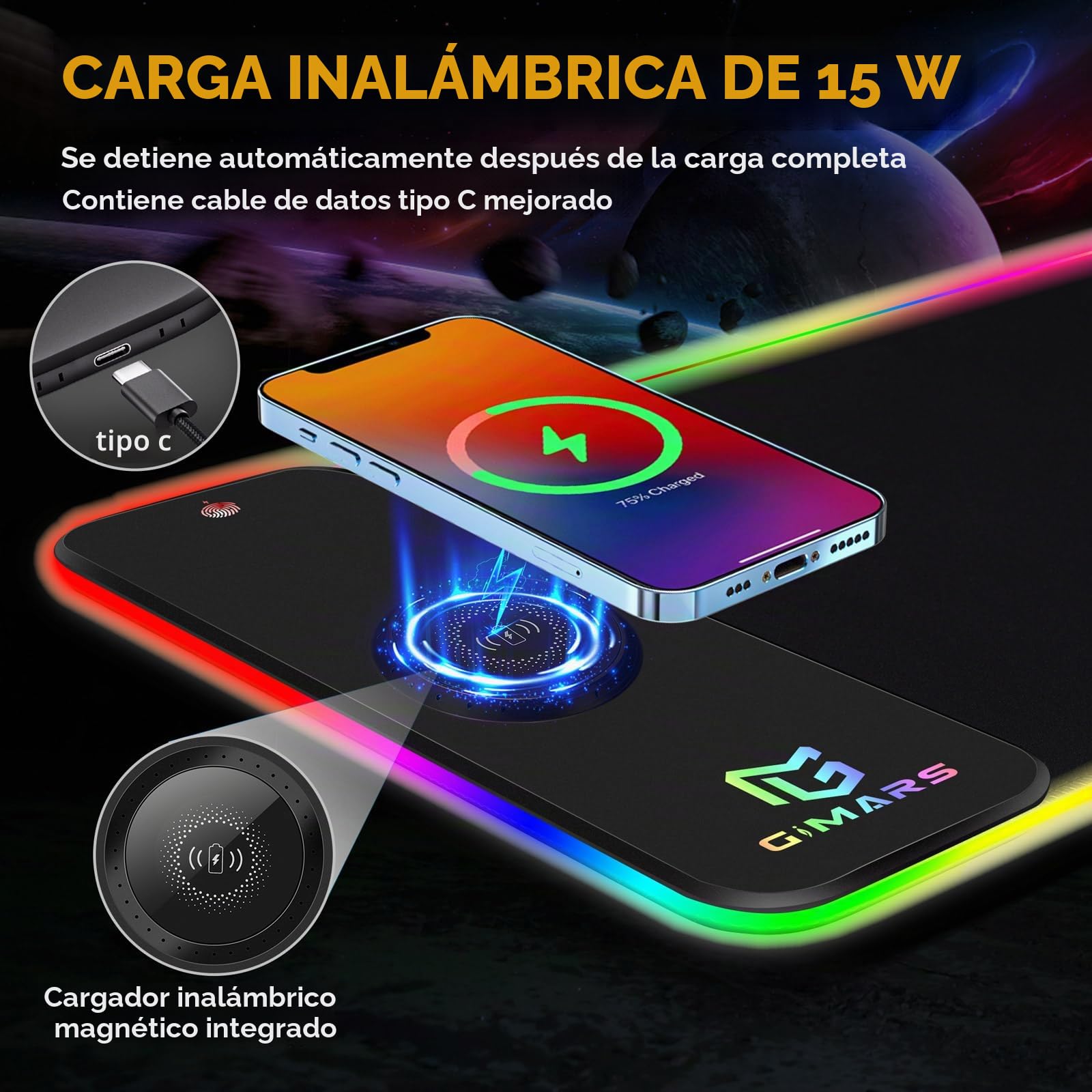 Gimars Alfombrilla Ratón Gaming RGB con 15W Carga Inalámbrica, 800×300mm Mousepad XXL con 10 Modos Iluminación LED, Tapete Rato Impermeable Base Antideslizante para Escritorio Oficina Gamer