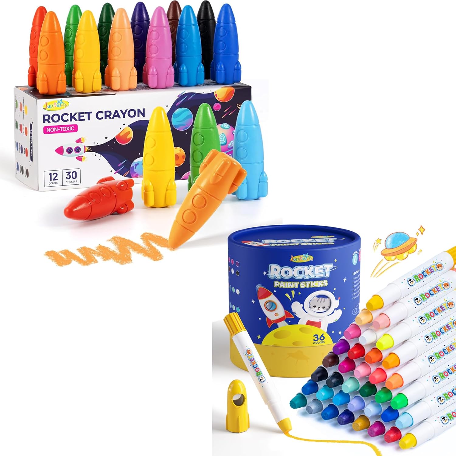 JUPITEARTH 12 Colors Crayons for Toddlers + 36 Colors Washable Rocket Tempera Paint Sticks for Kids, Non-Toxic and Quick Drying