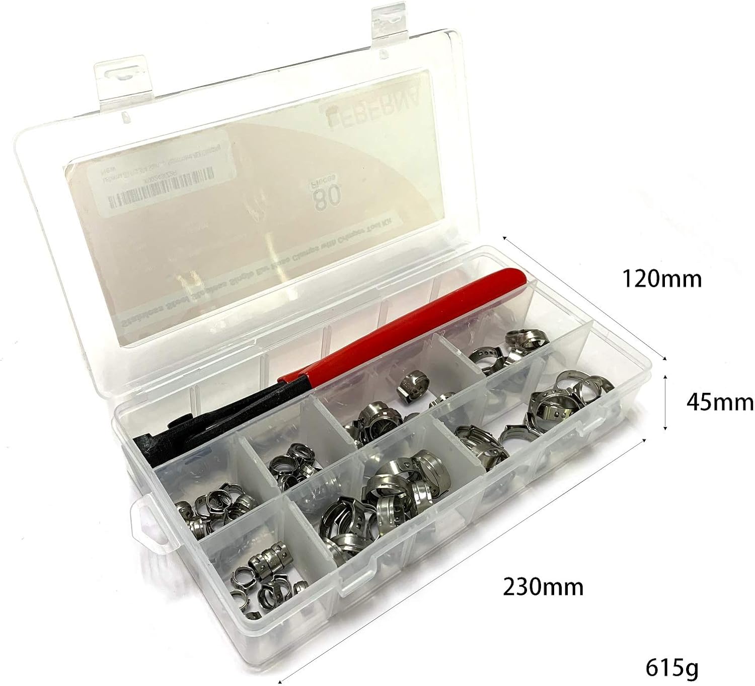 Leberna 80 Pcs 304 Stainless Steel Stepless Single Ear 7-21mm Hose Clamps with Pincers Crimper Tool Kit | Securing Pipe Hoses Automotive | Cinch Rings Pinch Clamp, Crimp Clamp Assortment PEX Crimping - - 
