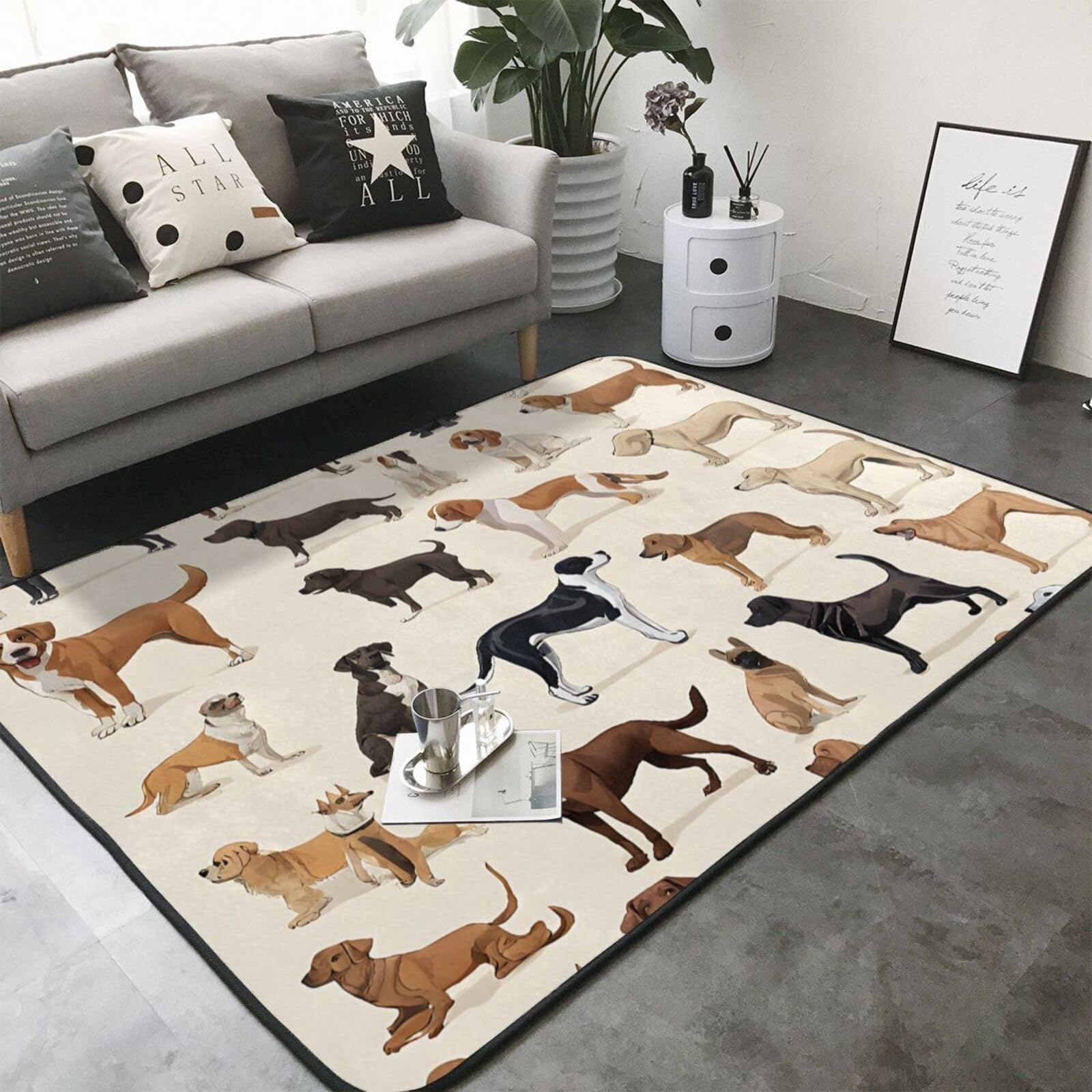 Dog Breed Print Living Room Anti Slip and Absorbent Carpet, Indoor Bedroom Bed Floor Mat, Ultra Soft Washable Carpet 80x58 in
