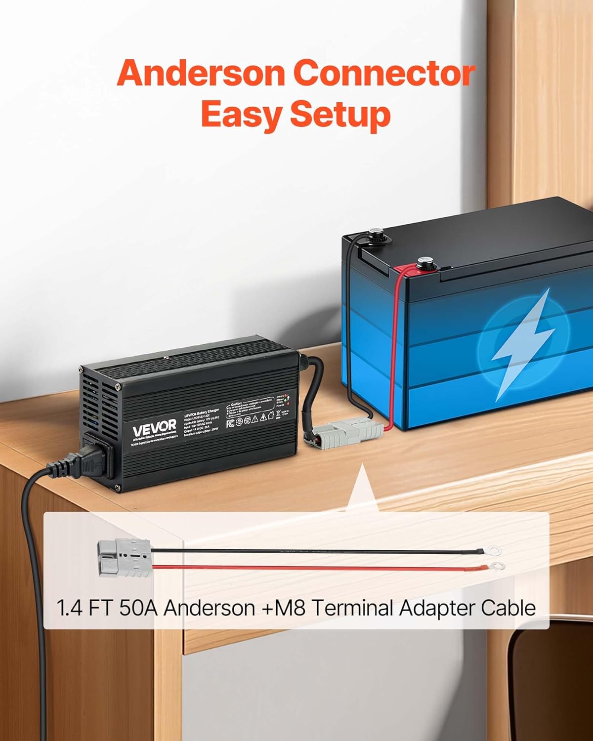 VEVOR 12V 20A Lithium Battery Charger, 14.6V, AC-DC LiFePO4 Smart Charger, with Anderson Connector, LED Indicator, 0V Activation, for Lithium LiFePO4 Deep Cycle Rechargeable Batteries of Boat, RV