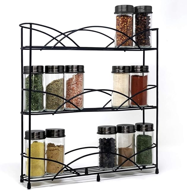 Joejis Free Standing Black Spice Rack - Includes 14 Spice Jars, 21 Chalk Labels & Chalk Pen - Ideal for Storing Spices & Herbs