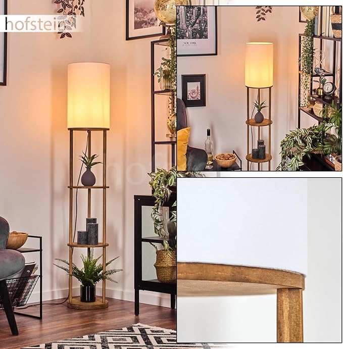 hofstein Hamaa vloerlamp, vloerlamp van hout/stof in natuurlijke kleuren/wit, lamp in Scandinavisch design met ronde kap (Ø 26 cm), schappen en voetschakelaar, hoogte 150,5 cm, 1 x E27, zonder gloeilamp photo 2