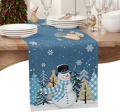 Miniatura 2 de Camino de mesa navideño de muñeco de nieve de 72 pulgadas de largo, algodón y lino, bufandas de arpillera, cocina, cena, cafetería, decoración de