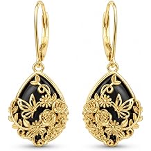 14K Gold Plated Black Onyx Filigree Teardrop Drop Earrings for Women | Dangle Leverback Earrings Jewelry Gift for Wife or Her with Statement Black Onyx Styling.