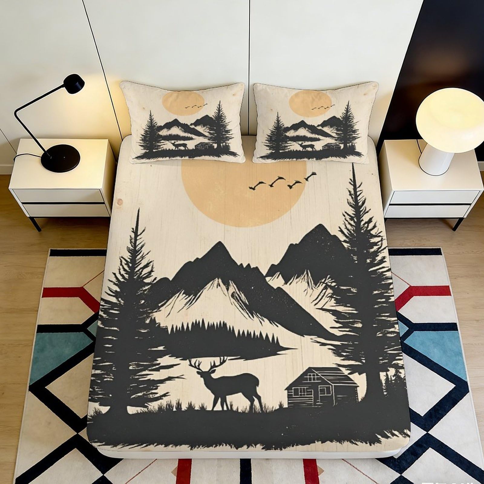 Uxinyoume Style-6 3D Printed Mountain Forest Fitted Sheet Microfiber Scenic Deer Lake Bed Cover For Bedroom Guest Room Easy Care 90X200x25cm