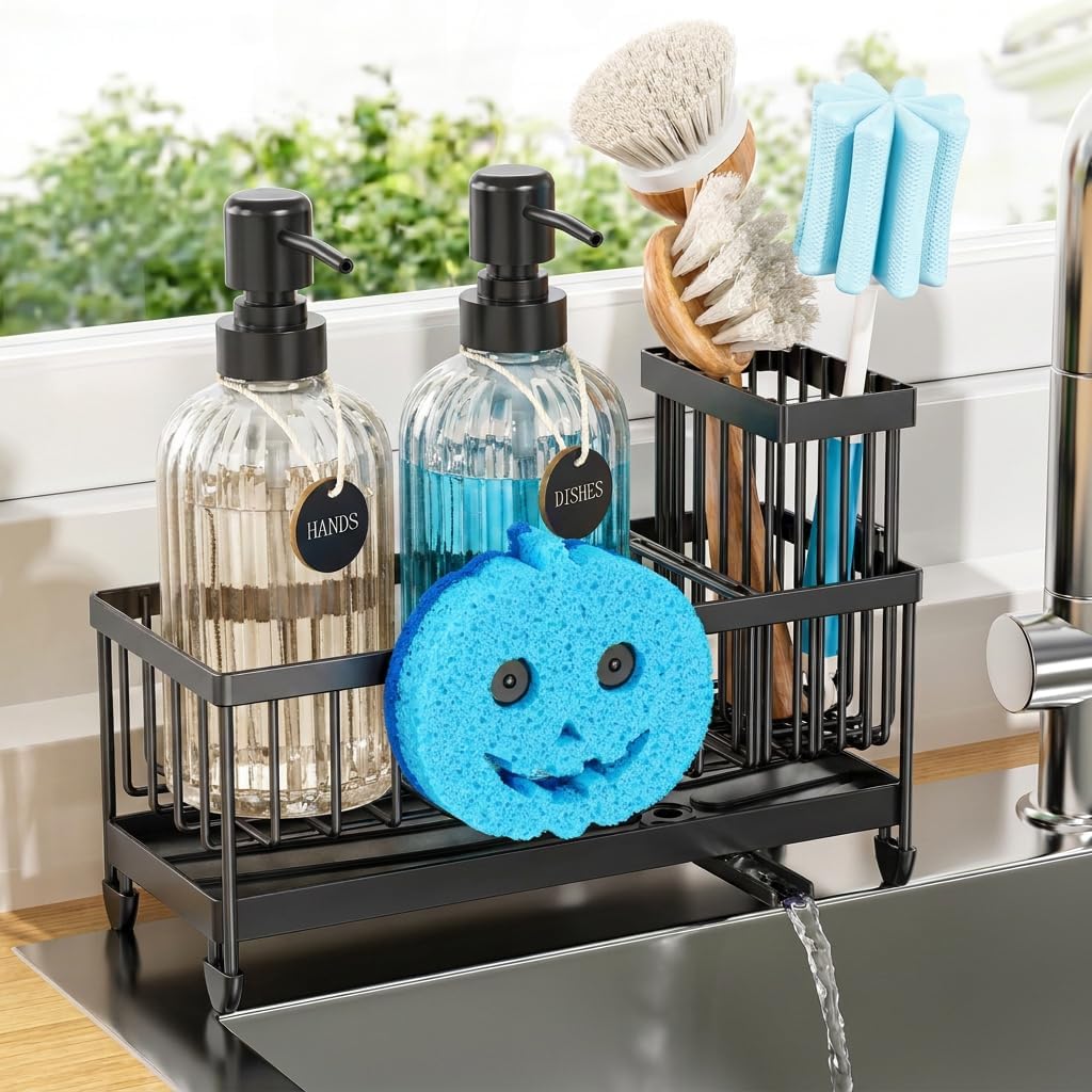 MASADI Kitchen Soap Dispenser Set with Smiley Face Sponge Holder