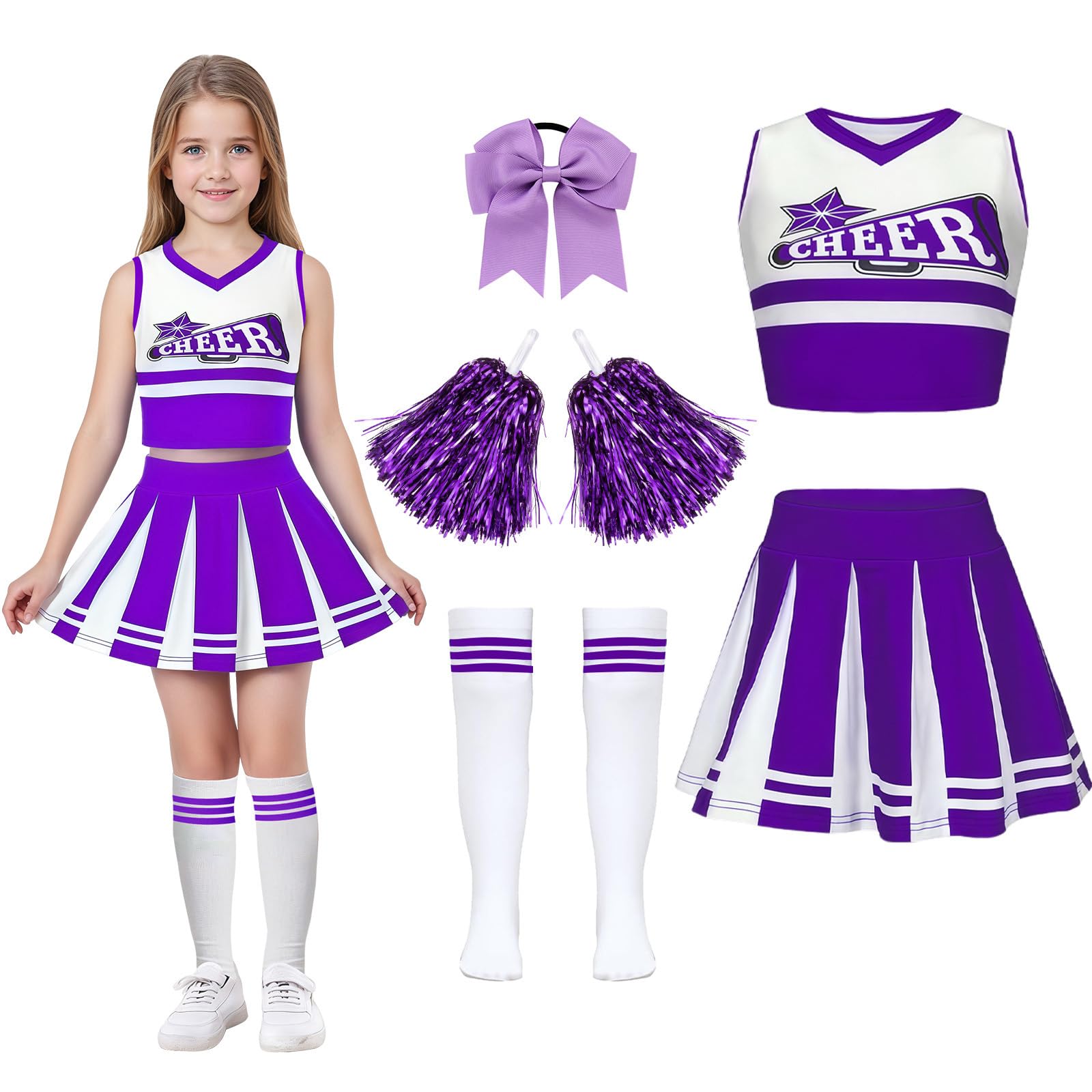 Deguisement Pompom Girl Deguisement Cheerleader avec Pom Poms Nœud Et Chaussettes Costume De Cheerleader Enfant Uniforme de Pom-Pom Girl Pour Carnaval Cosplay Mascarade Halloween FêTe Performance - 2