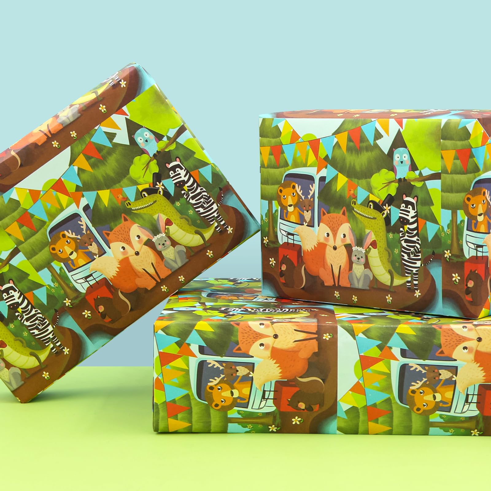 Jungle Animal Wrapping Paper - 4 Sheets With Gold Ribbon For Baby Shower & Kids Birthday Gifts